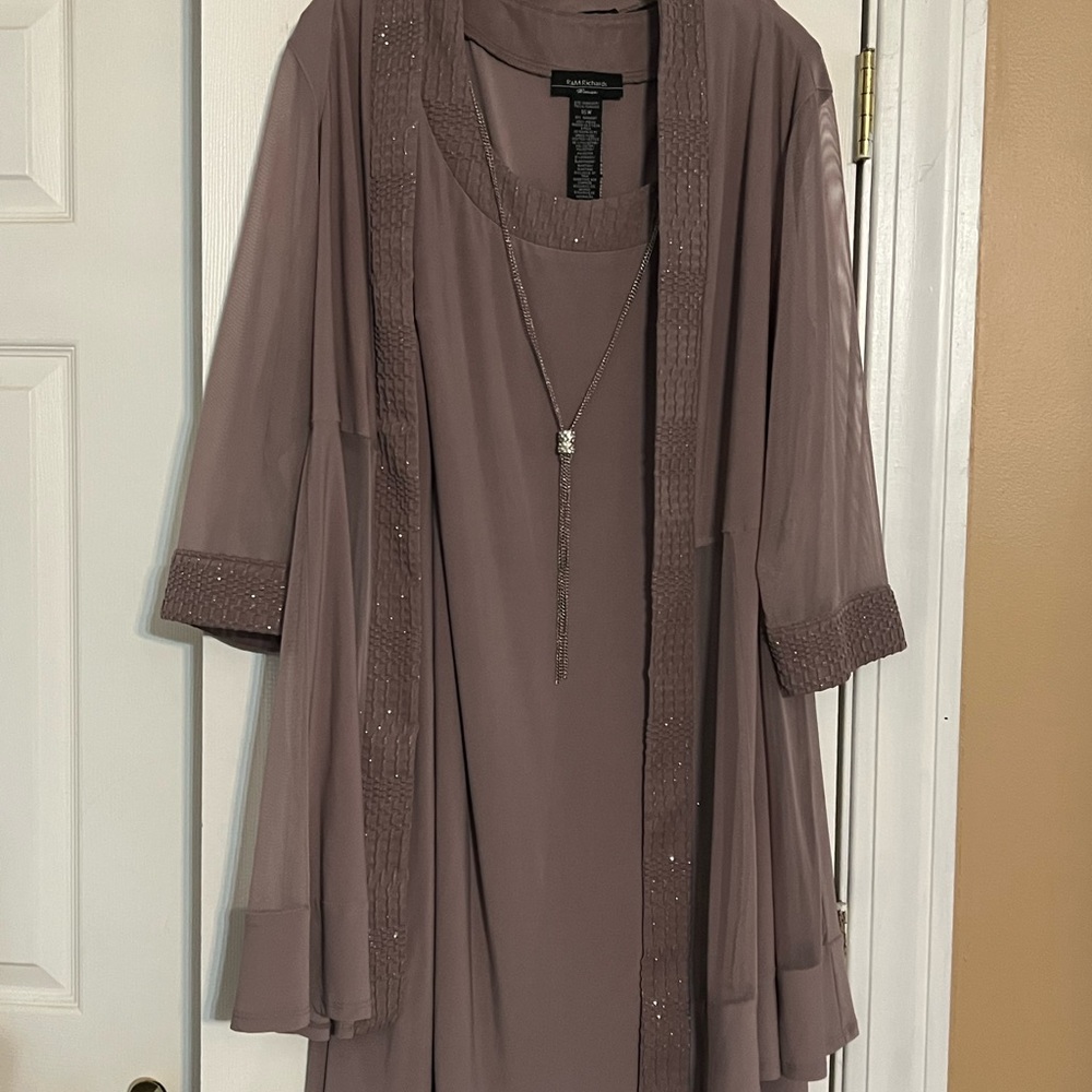 R & M Richards tan dress with Necklace, worn as a mother of the bride dress.